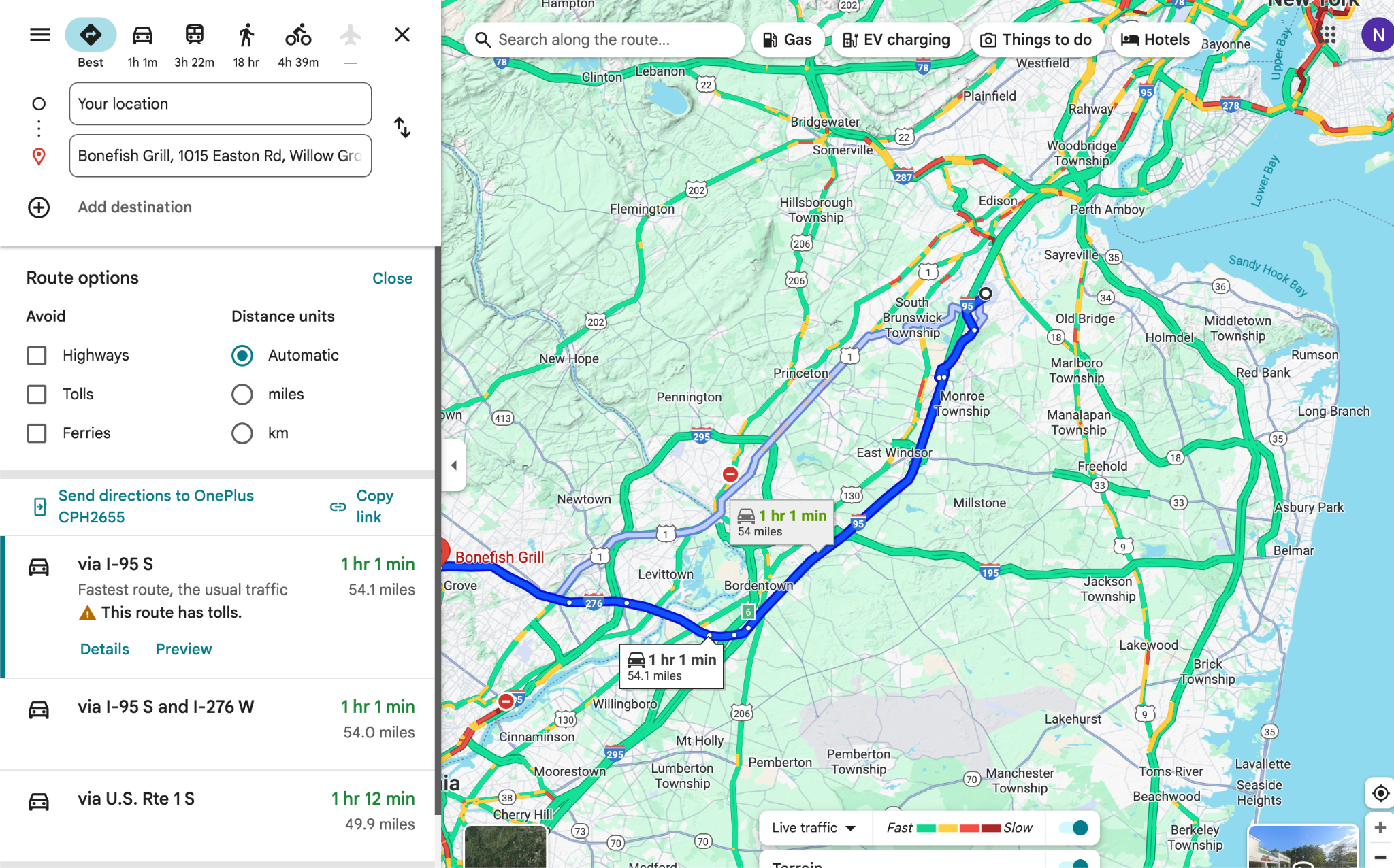 Google Maps route options panel — avoid tolls buried in menu