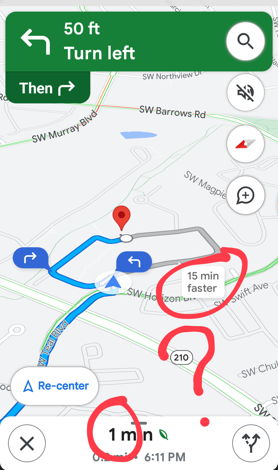 Google Maps turn-by-turn — alternate route obscured