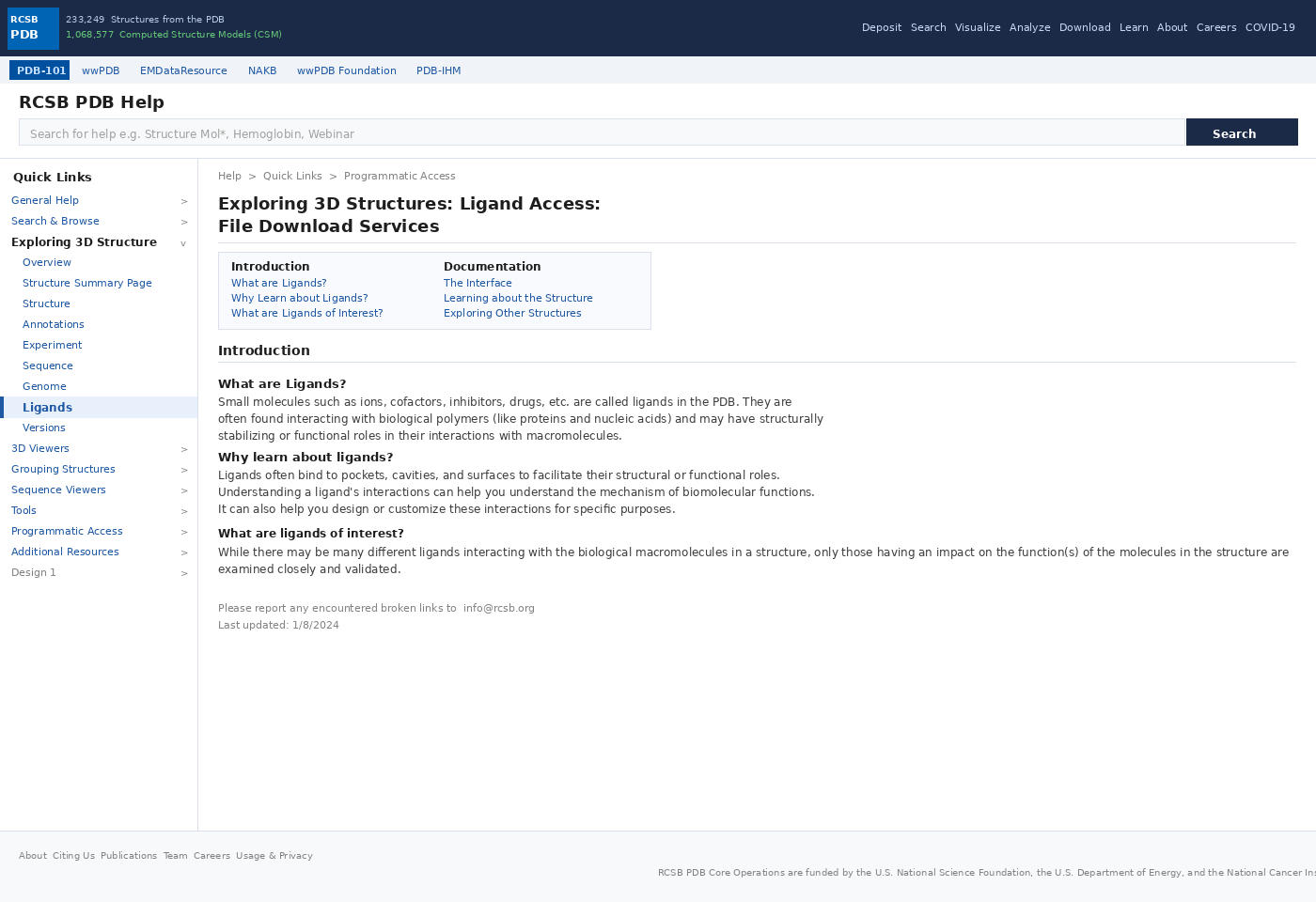 Redesigned RCSB PDB article page — Design 1 with expanded sidebar, breadcrumb navigation and structured content