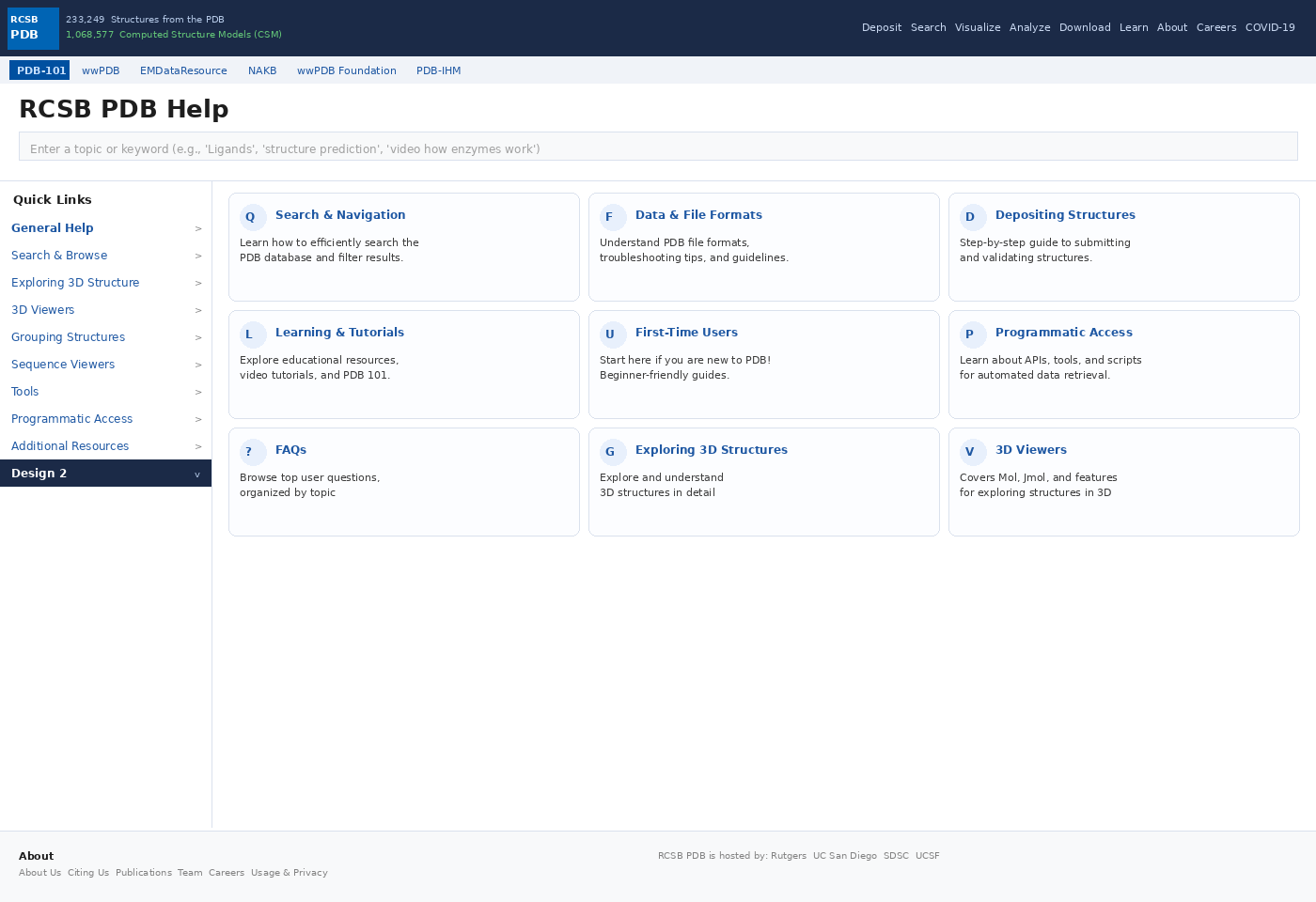 Redesigned RCSB PDB help page — Design 2 with category cards and structured sidebar navigation