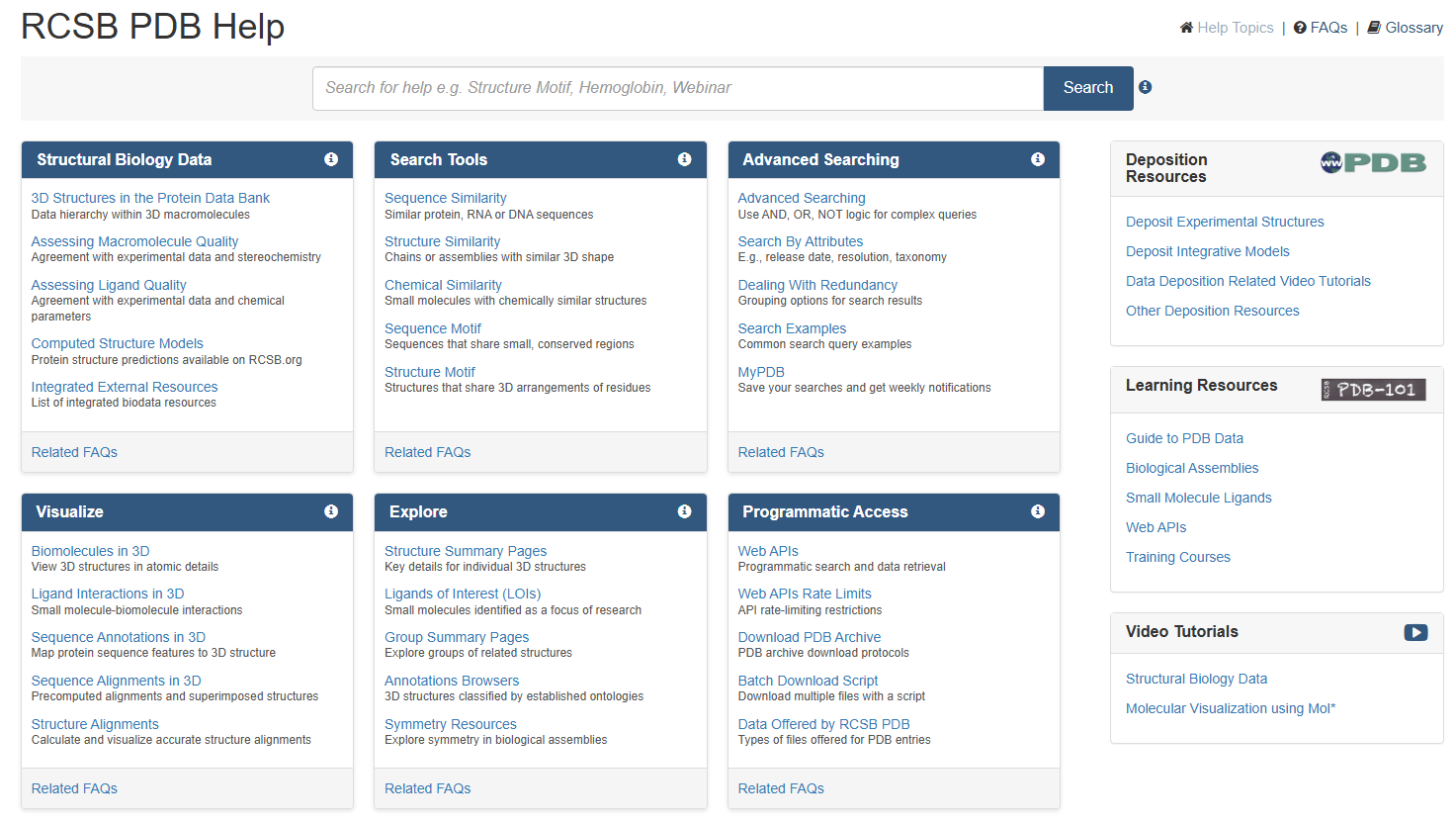Original RCSB PDB Help page — information-dense, flat hierarchy, no visual grouping