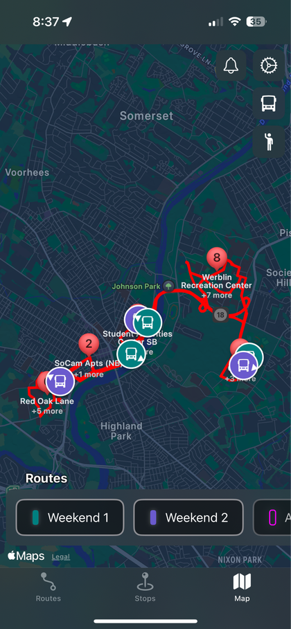 RU Radar dark map view showing routes near Somerset and Werblin Recreation Center