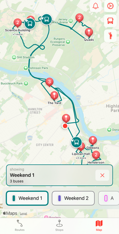 RU Radar map view showing Weekend 1 route with bus stop markers