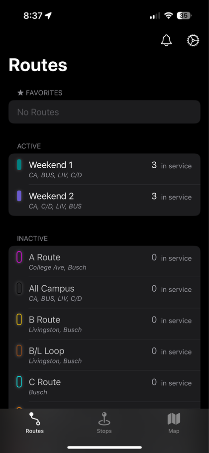 RU Radar routes list showing Weekend 1, A Route, B Route and others