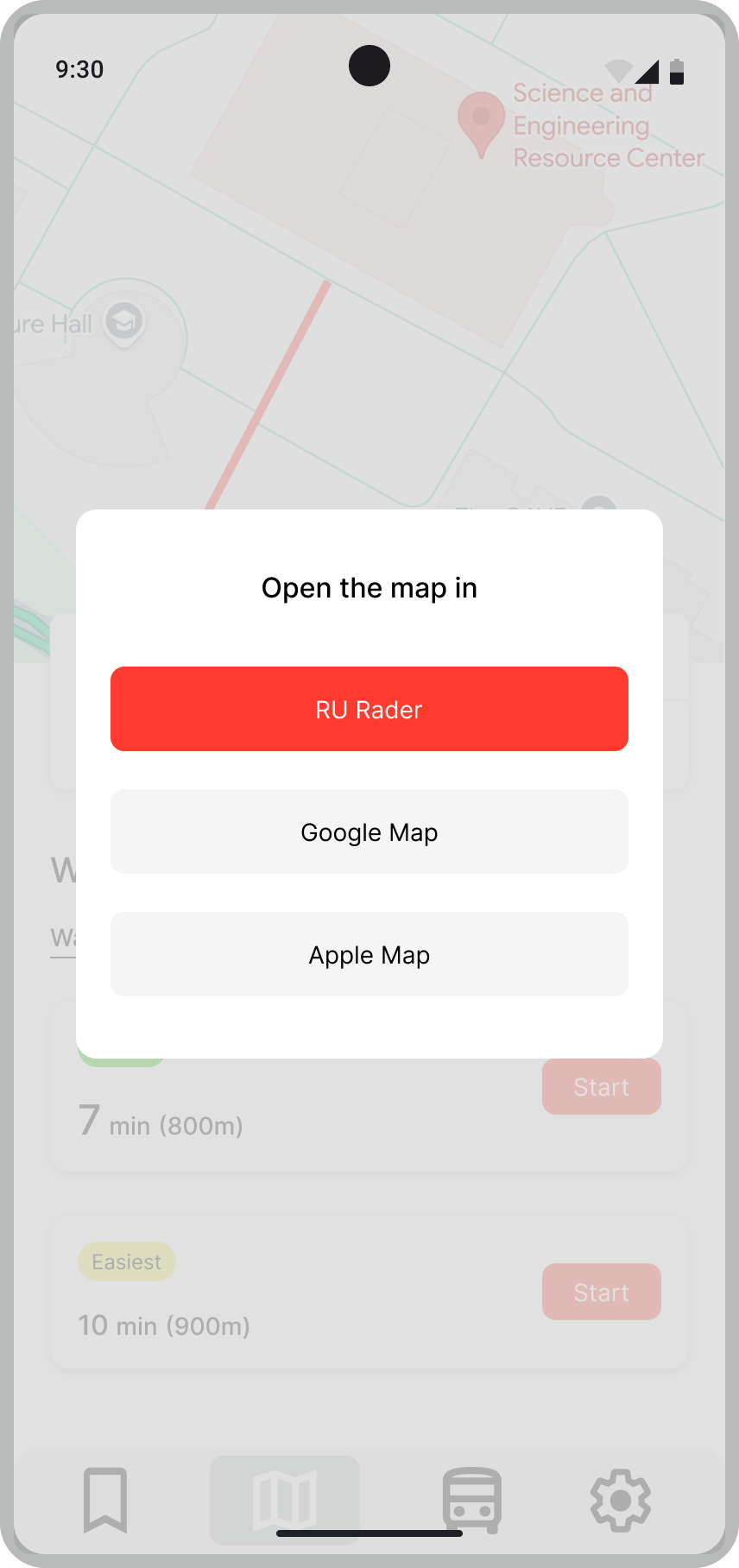 Prototype screen: 'Open the map in' modal with three options — RU Rader (highlighted in red), Google Map, Apple Map