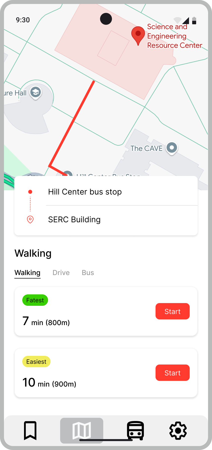 Prototype screen: Walking route options from Hill Center bus stop to SERC Building. Shows Fastest: 7 min (800m) and Easiest: 10 min (900m) with Start buttons