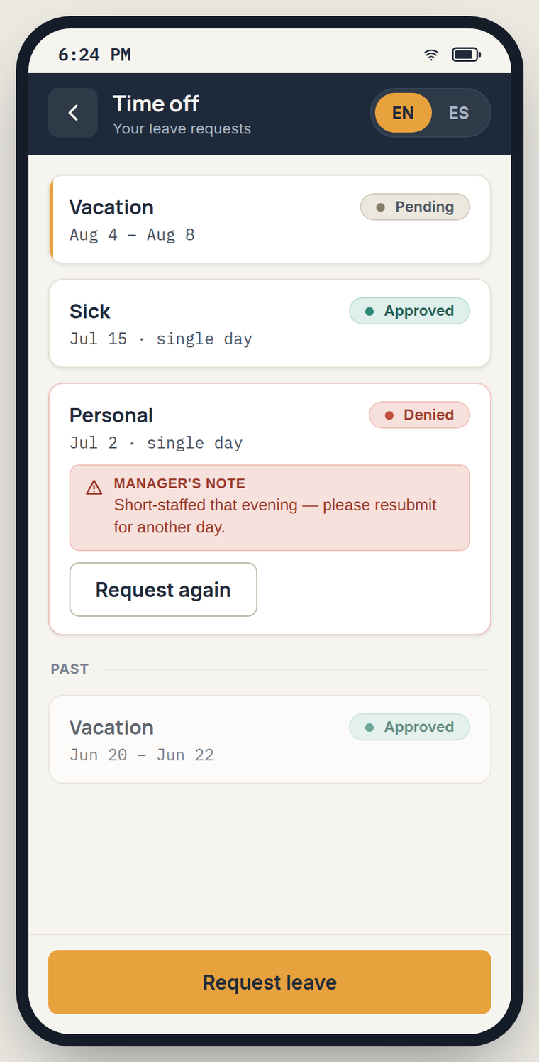 Sweep cleaner app — leave requests with a denied request showing the manager's note