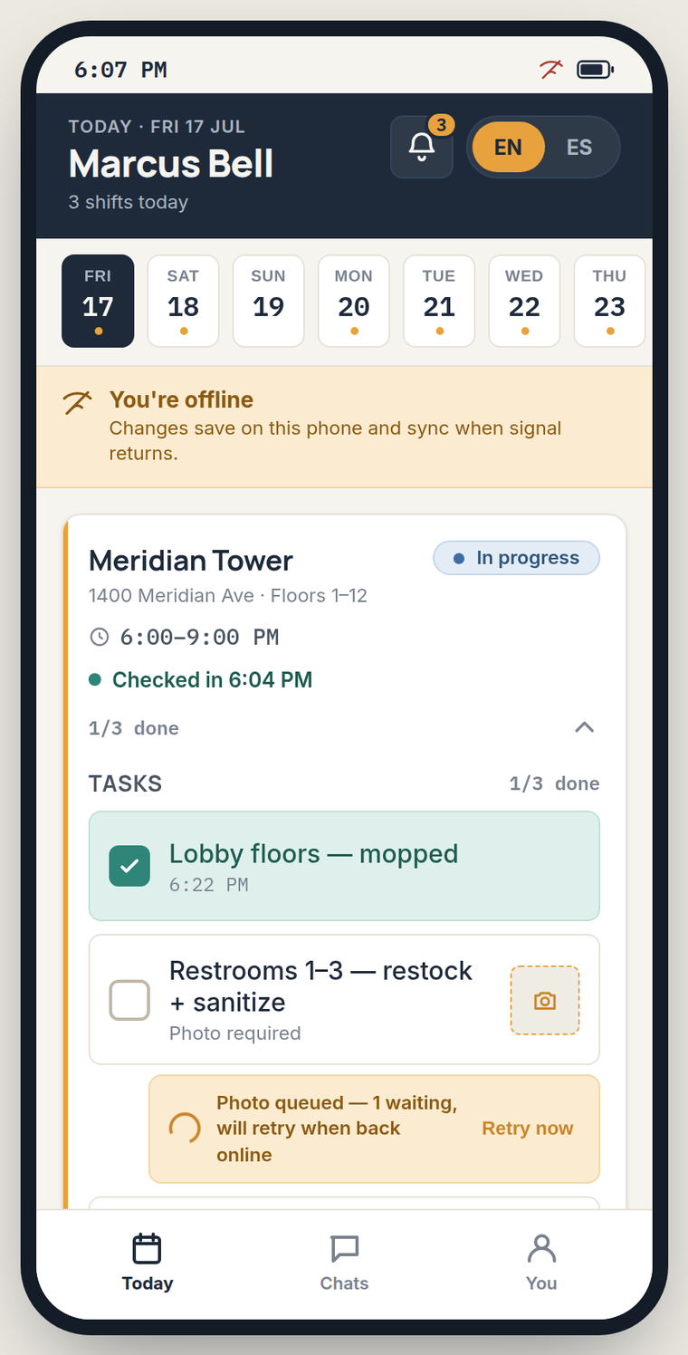 Sweep cleaner app in offline mode — offline banner and a photo queued for retry
