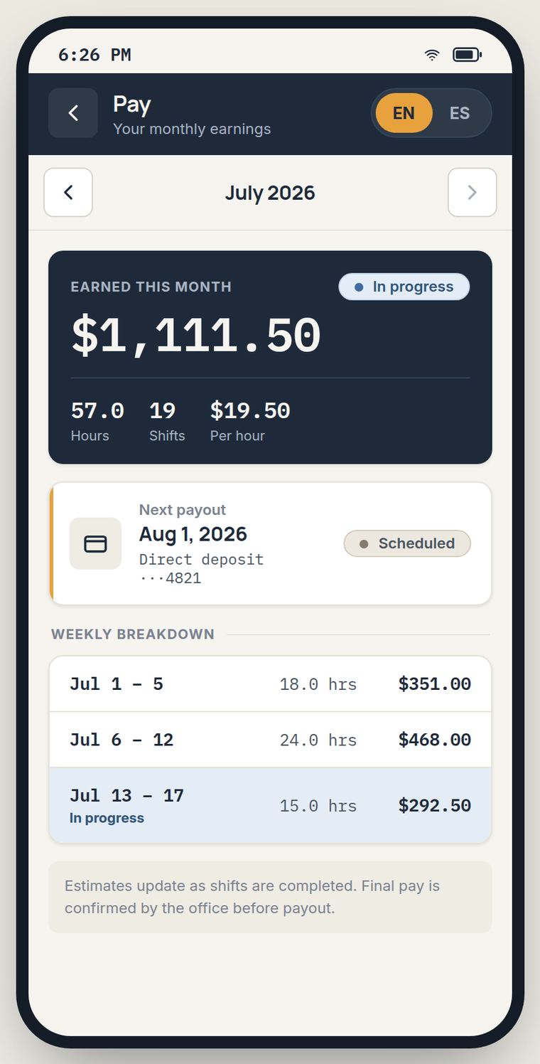 Sweep cleaner app — monthly pay with weekly breakdown and next payout