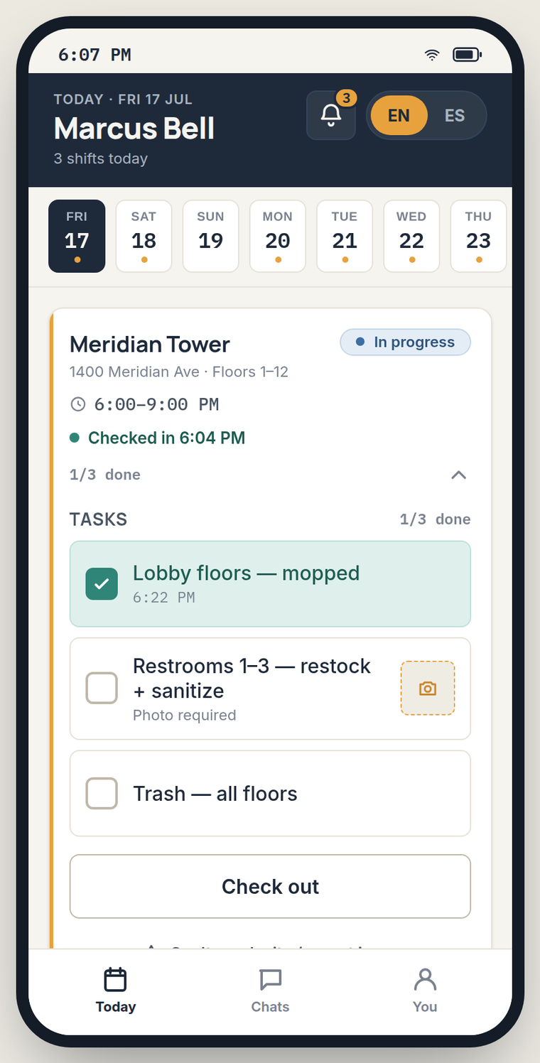 Sweep cleaner app — today's shifts with a task checklist and photo-required task