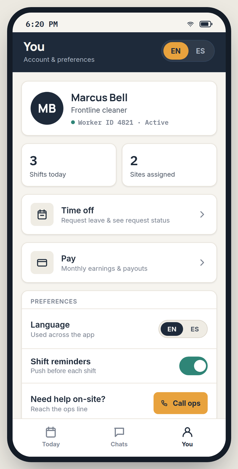 Sweep cleaner app — account and preferences, with a visible statement of what the cleaner can and cannot see