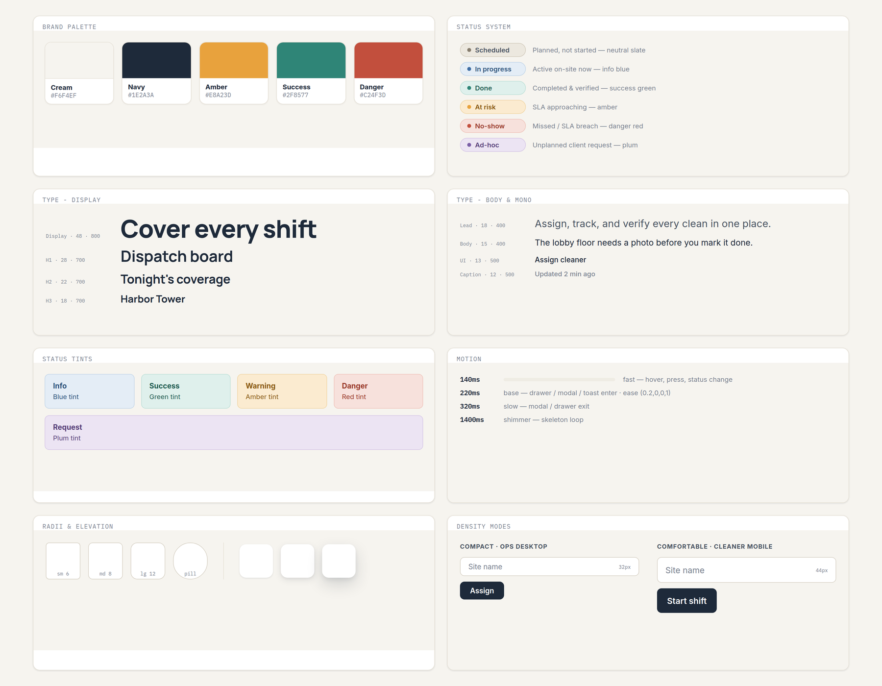 Sweep design system specimen board — brand palette, six-state status system, type scale, status tints, motion durations, radii and elevation, and the two density modes