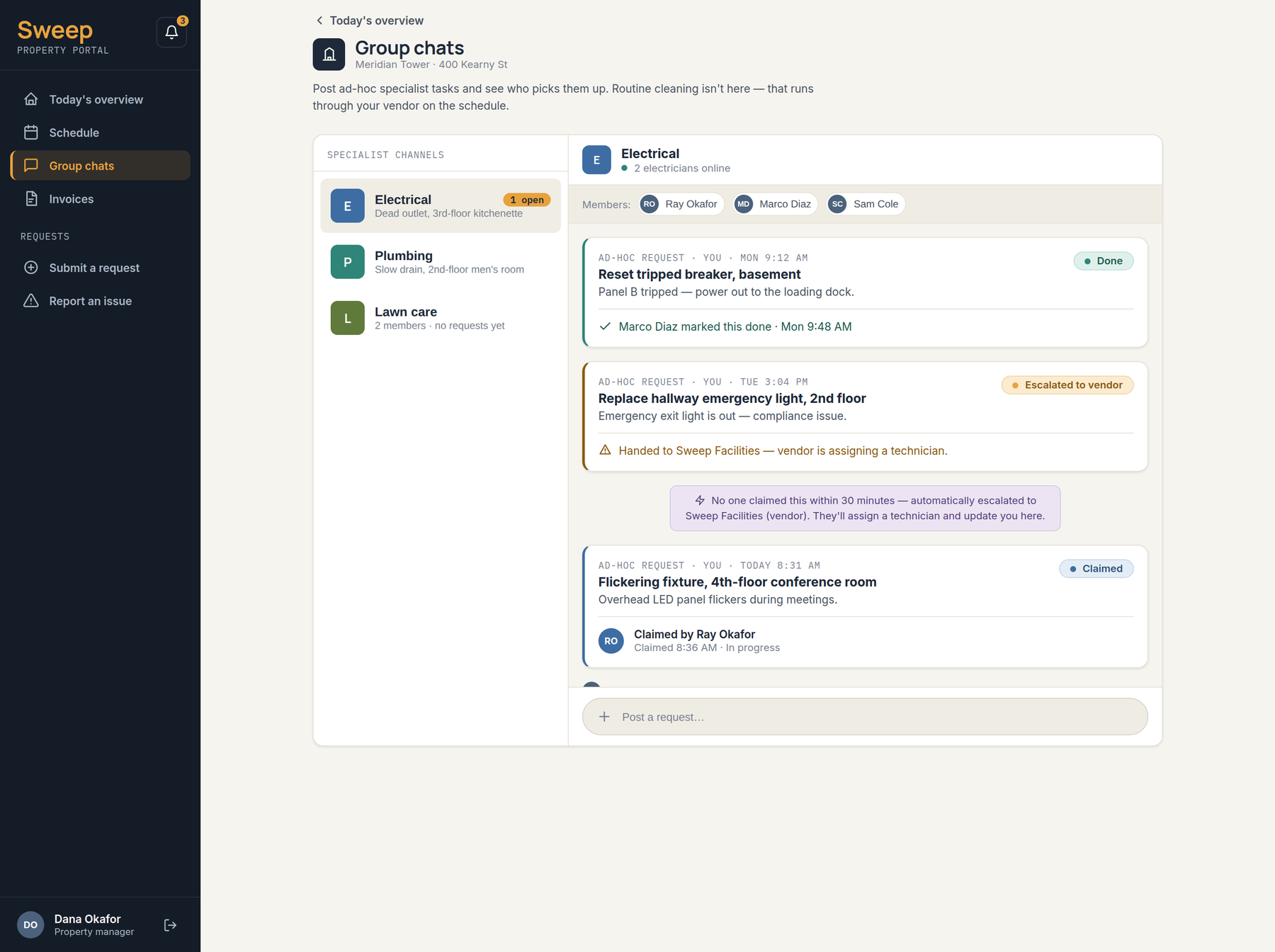 Sweep client portal — per-trade group chats showing claimed, unclaimed, escalated and done ad-hoc requests