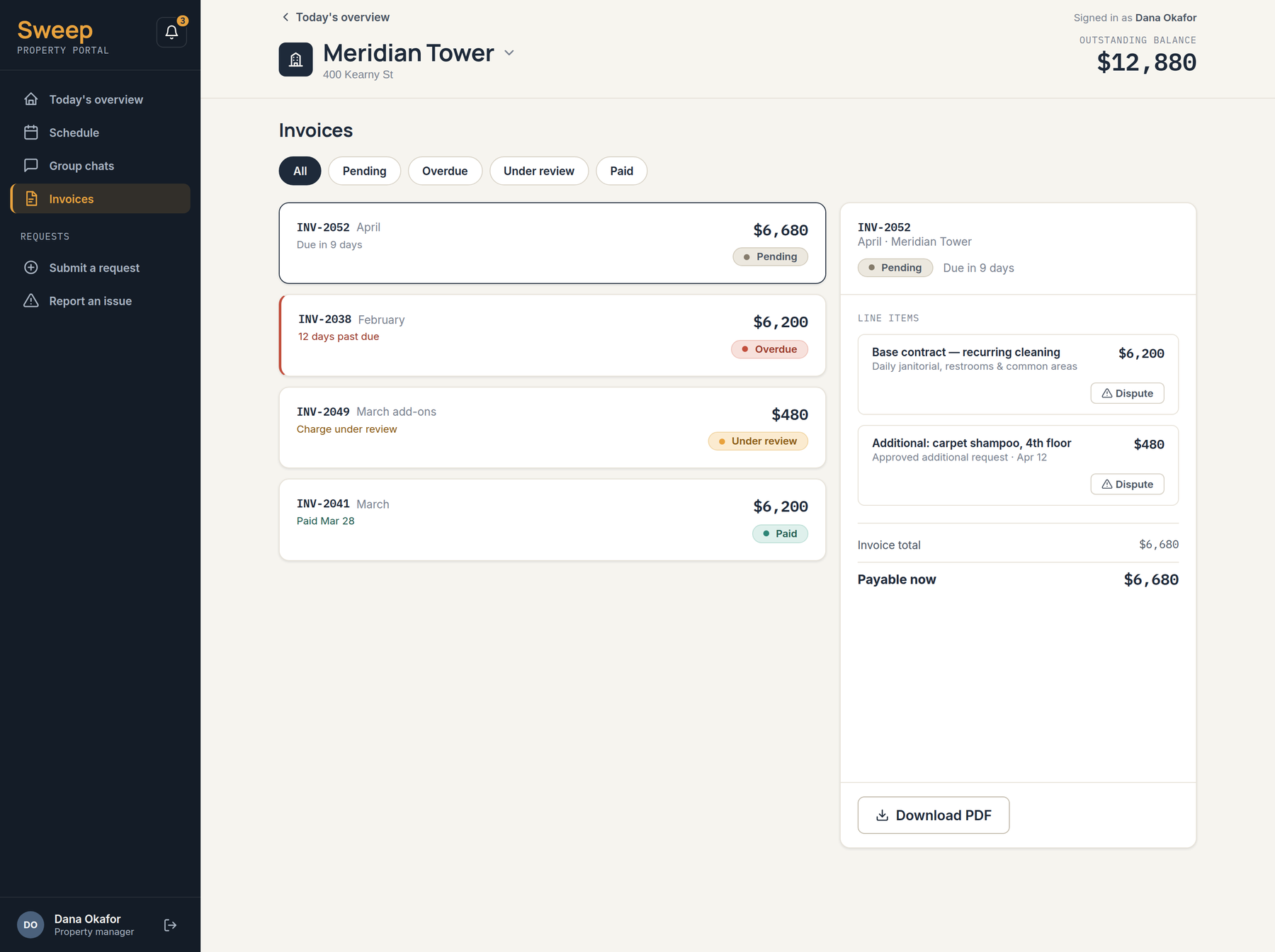Sweep client portal — invoices with line items and a per-line dispute action