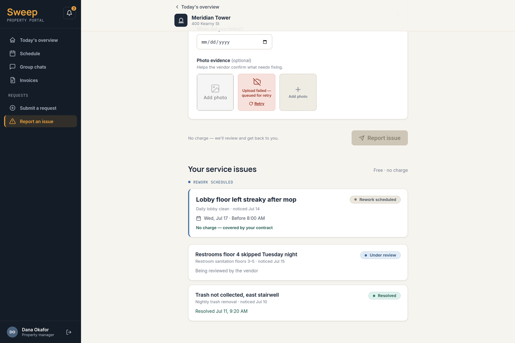 Sweep client portal — list of reported service issues in rework scheduled, under review and resolved states