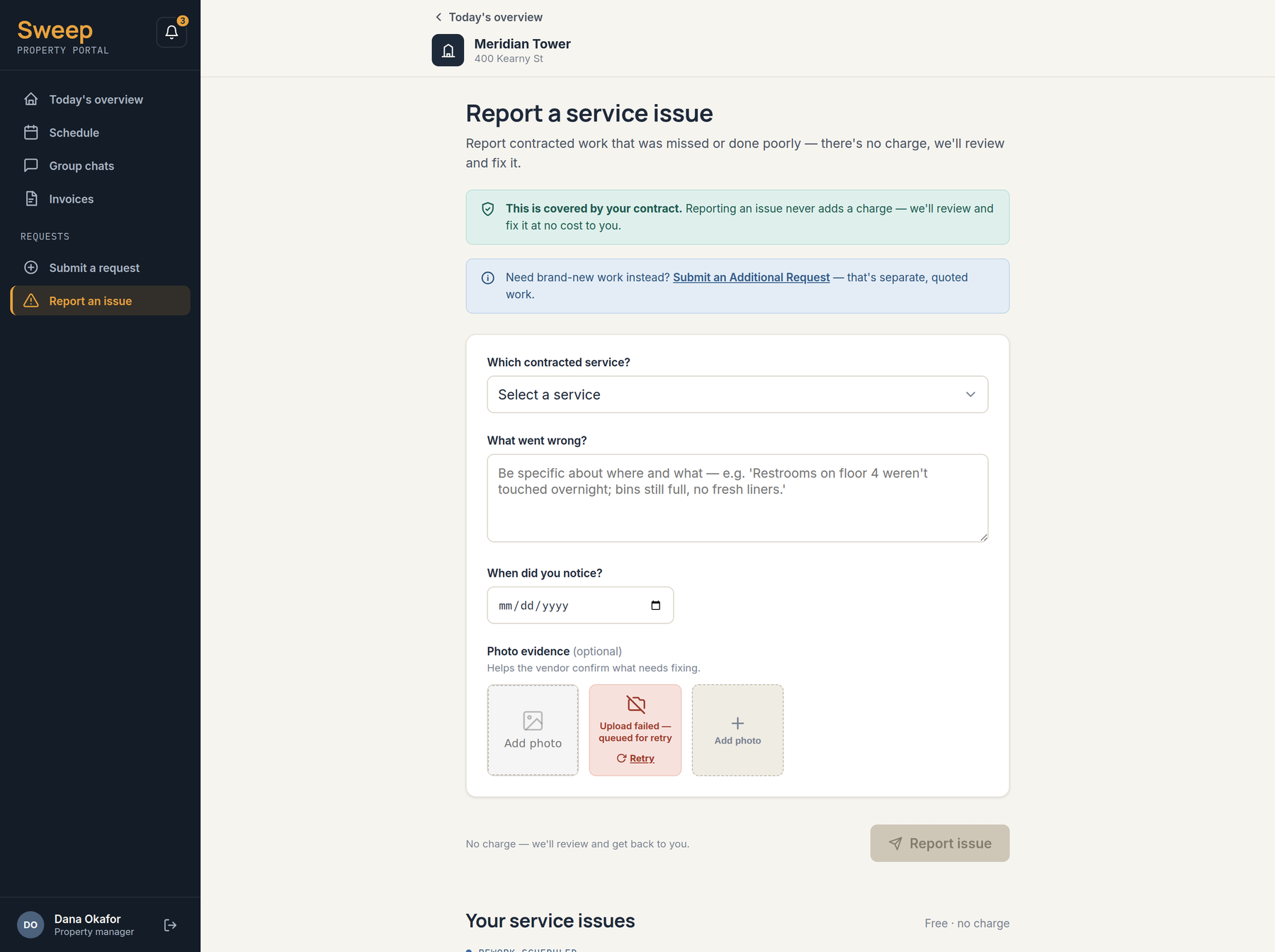 Sweep client portal — report a service issue form, with a banner stating the report is covered by the contract at no cost