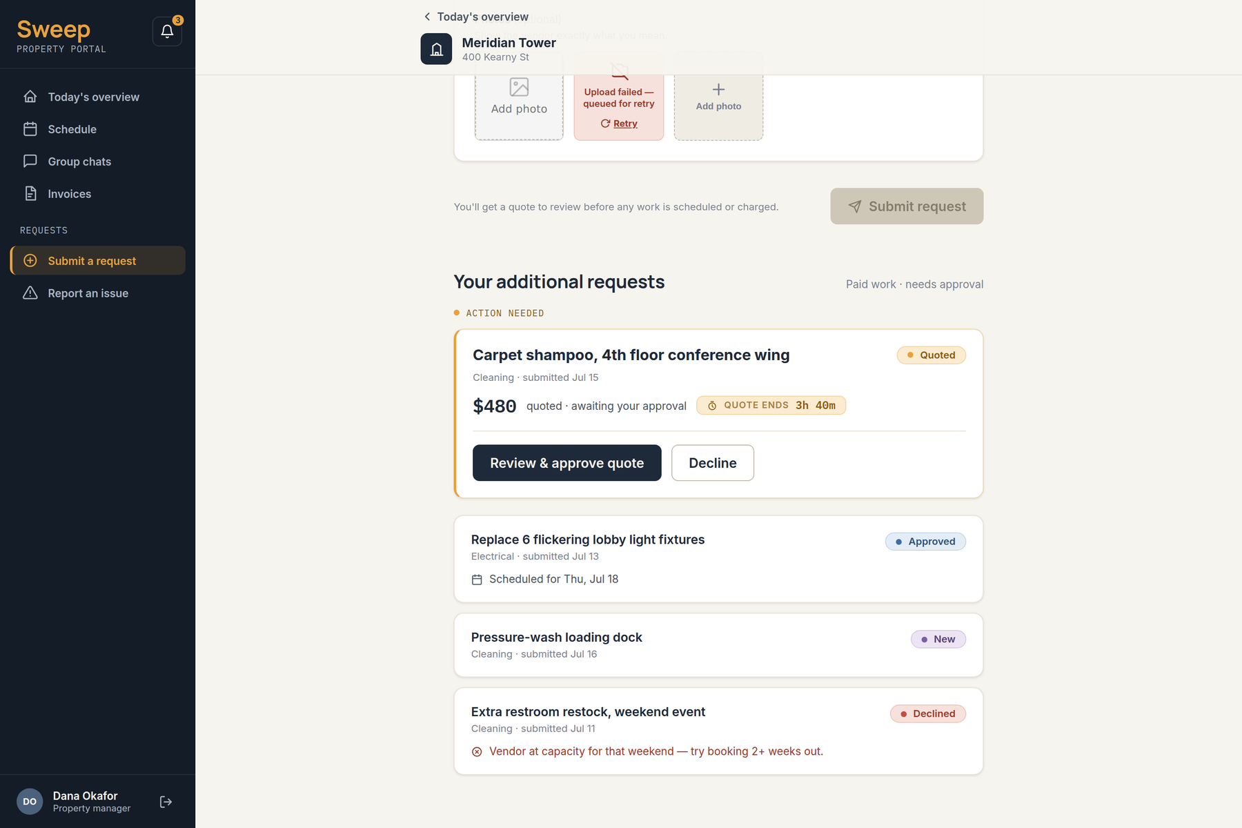 Sweep client portal — list of additional requests showing quoted with a countdown, approved, new and declined states