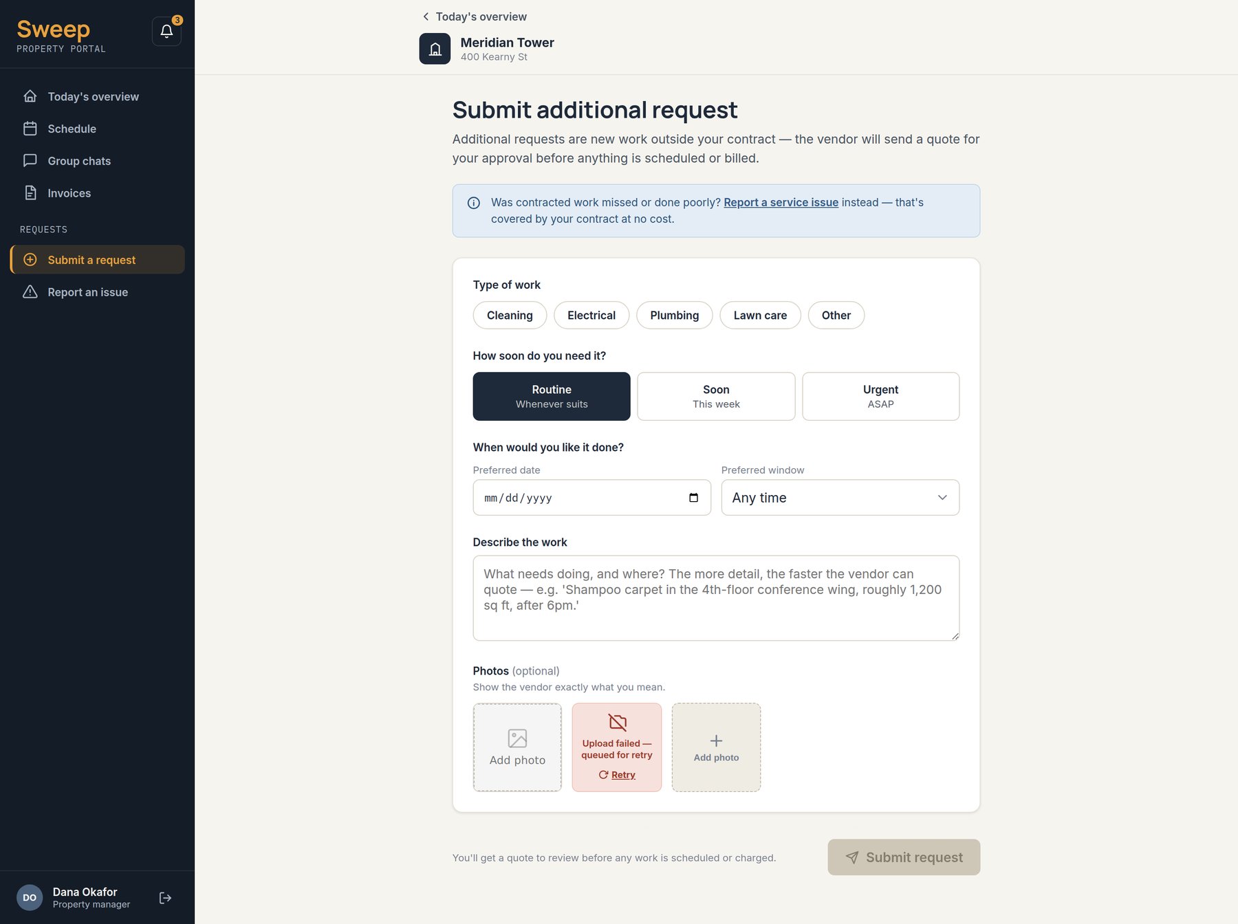 Sweep client portal — submit an additional request form, with trade, urgency and preferred window