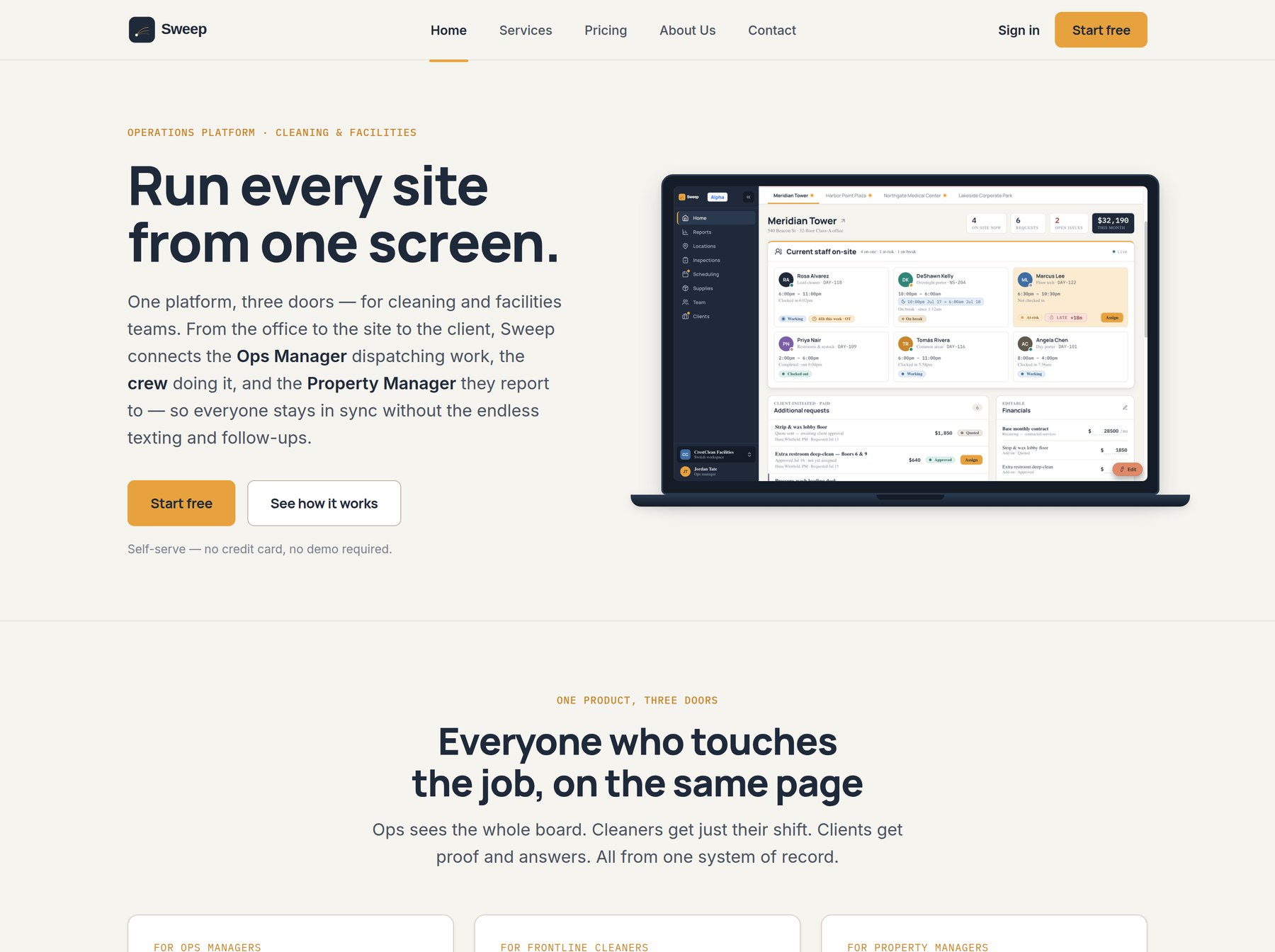 Sweep marketing site home page — hero, the three-doors section, and stat band