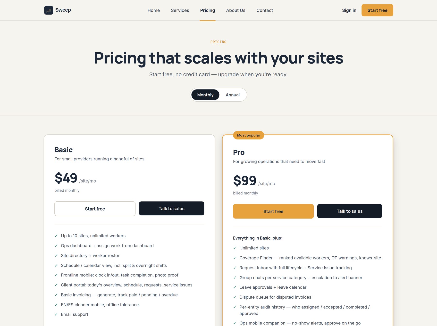 Sweep marketing site pricing page — two plans with a full feature comparison table