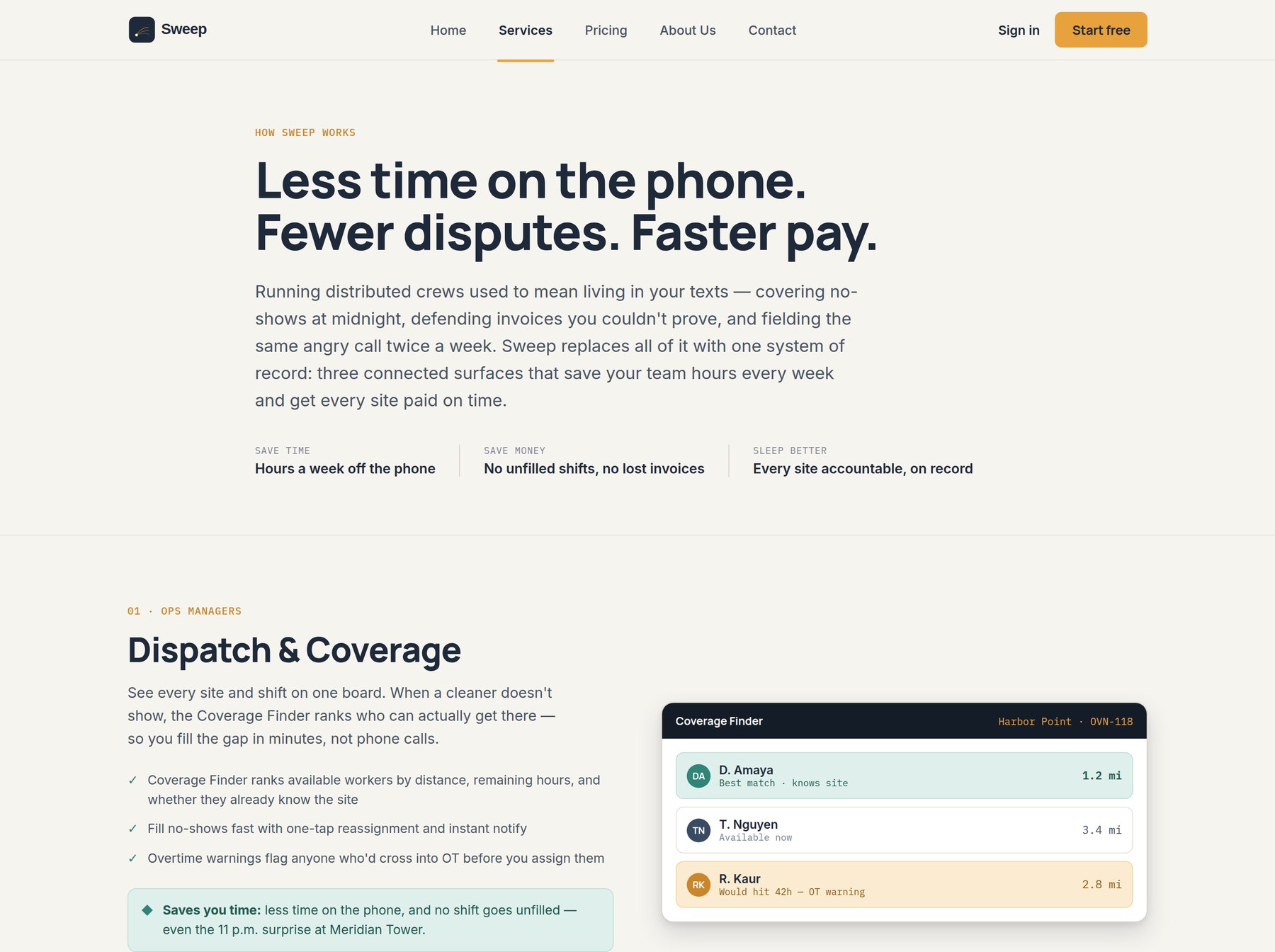 Sweep marketing site services page — a section per surface